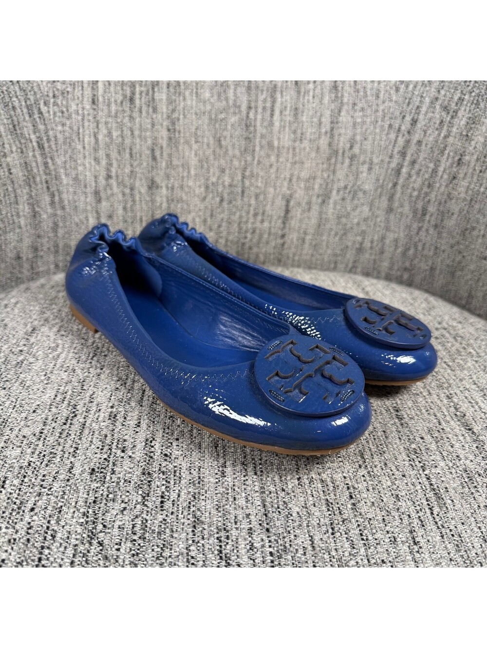 Tory Burch Reva Blue Patent Leather Ballet Flats Logo Shoes Womens Size 8.5 - Picture 7 of 11